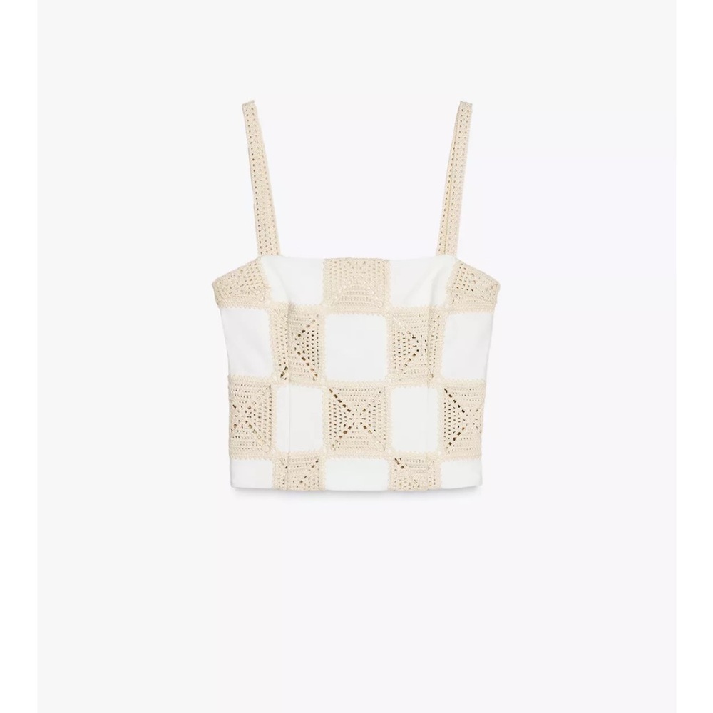 Zara Cream and Tan Fitted Crochet Crop Tank Top